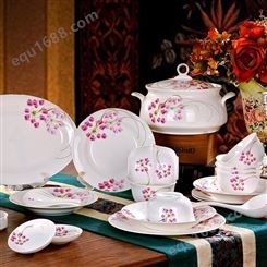 陶瓷餐具家用56头红袖碗盘套装 景德镇骨瓷餐具定制企业福利礼品
