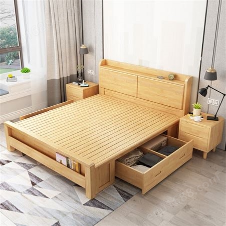 海南北欧实木床双人床1.5m1.8米大床 现代简约主卧日式原木储物高箱床批发