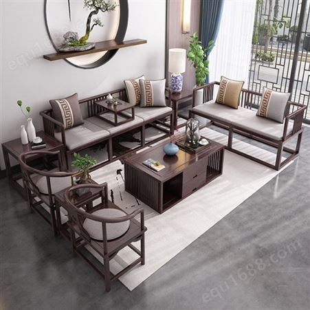 亿德森 新中式沙发 实木沙发 布艺经济型现代简约家具 禅意客厅家具组合厂家